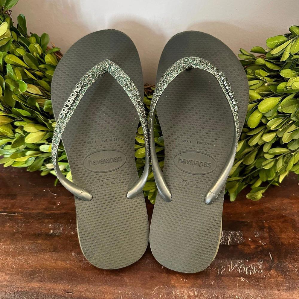 Havaianas Slim Glitter Flip‎ Flop Sandals Green Olive 6